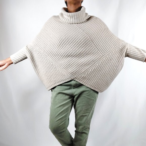Chelsea & Theodore Ribbed Asymmetrical Cowl Neck Beige Sweater - Picture 5 of 12